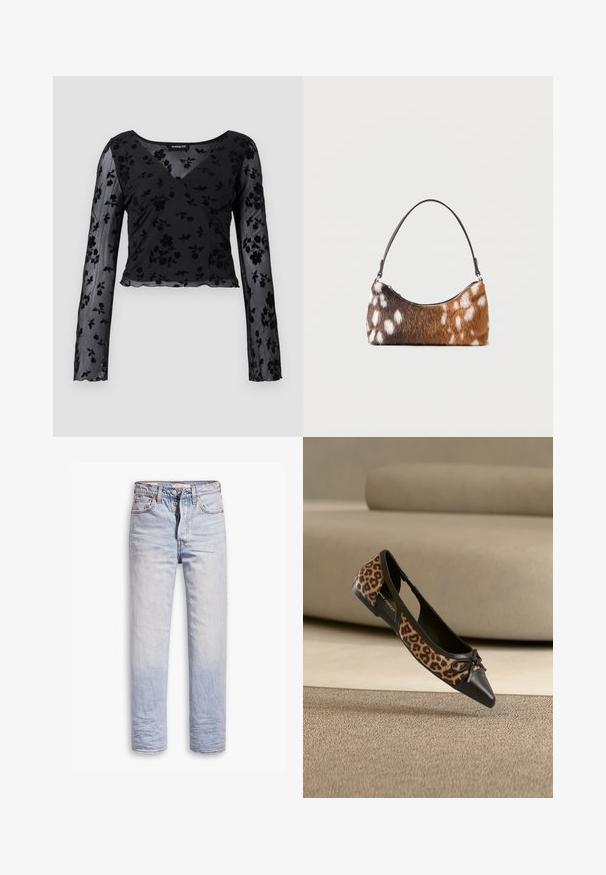 Sort langærmet top lavet af gennemsigtigt stof med blomsterprint, v-halsudskæring og bølget kant. Krydsdesigndetalje foran.; Lyseblå denimjeans med lige ben, der har en knaplukning, fem lommer og en diskret falmning langs benene.; Flad sko med leopardprint på siderne, sort spids tå og lille sløjfedetalje, vist mod beige sofa og tæppebaggrund.; Skuldertaske med brun og hvid pletmønstret imiteret pels og en tynd sort rem, vist på en hvid baggrund.