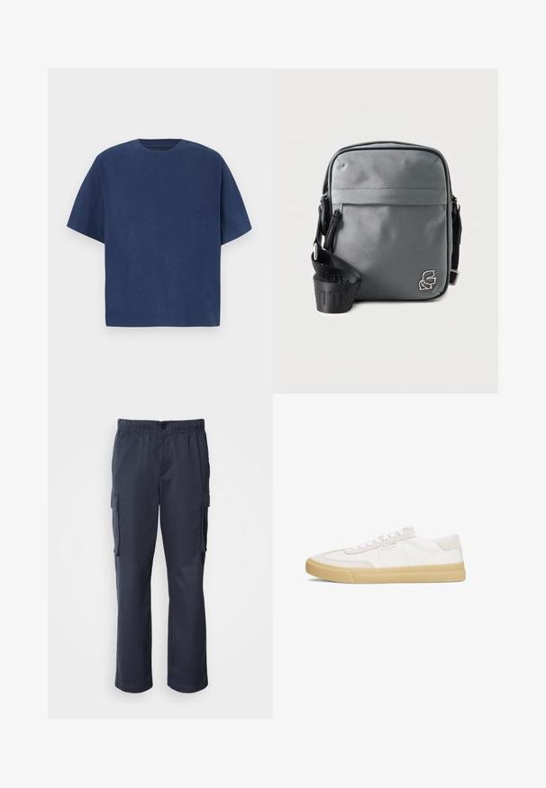 T-shirt en coton bleu marine avec manches courtes, col rond et coupe décontractée, avec une texture lisse et sans motifs ni accents visibles.; Pantalons cargo bleu marine, fabriqués en tissu léger, avec une taille élastique, deux poches latérales et deux poches cargo.; Baskets blanches en cuir et daim, avec un design à lacets, une semelle en caoutchouc beige et un petit logo sur le côté.; Petit sac bandoulière gris compact avec poche zippée à l'avant, sangle noire réglable et petit logo argenté dans le coin inférieur droit.