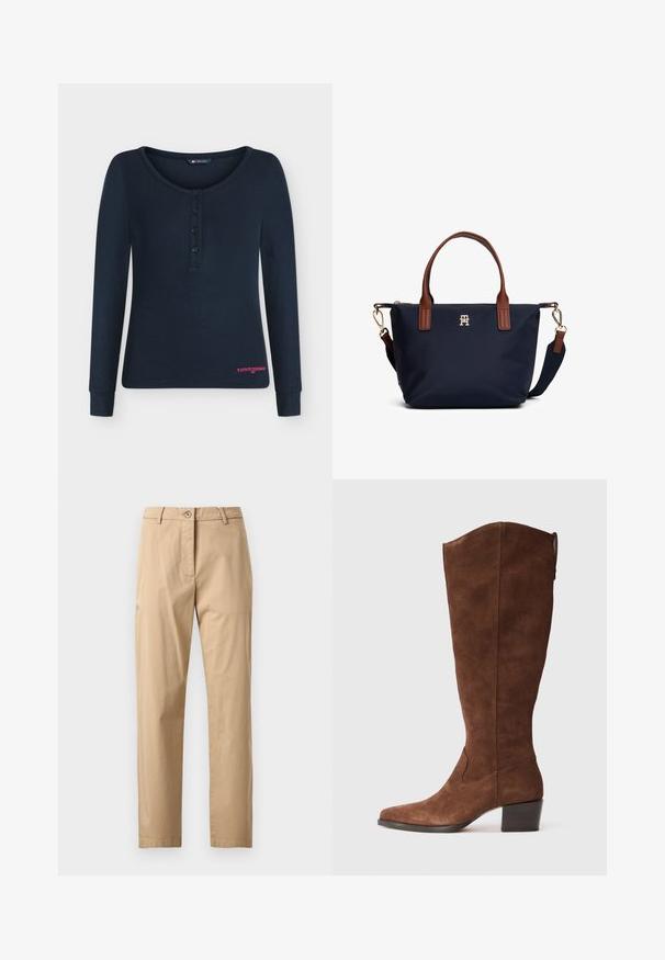 Tmavomodré rebrované henley tričko s dlhými rukávmi, s tromi prednými gombíkmi a malým ružovým logom "tommy jeans" na dolnej ľavej strane.; Béžové chinos nohavice s hladkou textúrou, rovný strih, pás so zapínaním na gombík a predné vrecká. Minimalistický dizajn, bez viditeľných vzorov.; Hnedé semišové vysoké čižmy po kolená s špicatou špičkou a nízkym podpätkom. Majú hladký povrch a minimalistické švy.; Tmavomodrá kabelka s hnedými koženými rúčkami, zlatými kovaniami, odnímateľným ramenným popruhom a malým zlatým logom v strede.