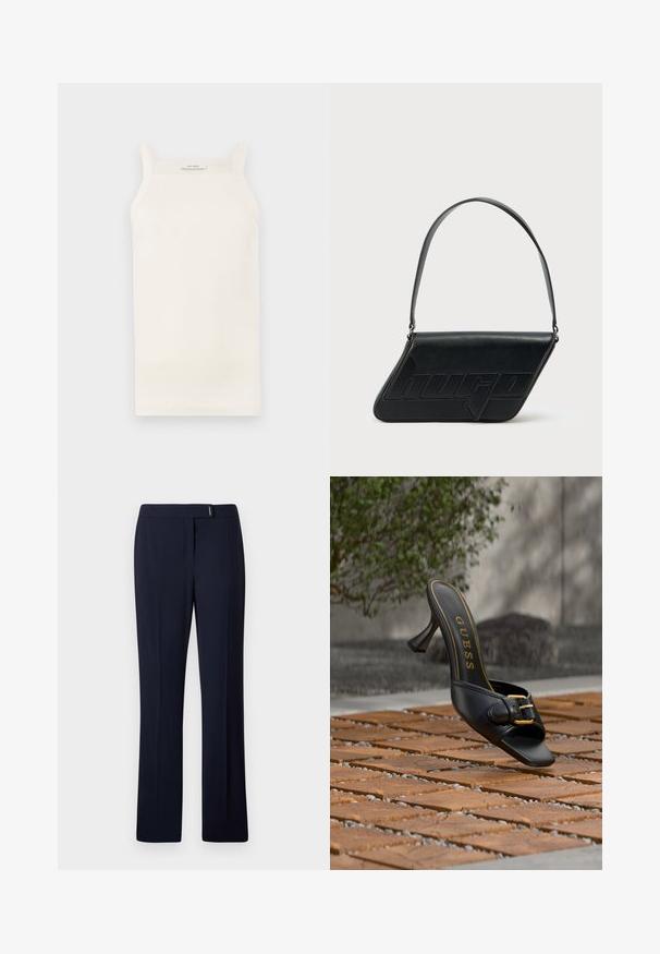 Κρέμ ribbed tank top με λεπτές τιράντες, εφαρμοστό σχέδιο και ευθεία κόψη. Η ετικέτα γράφει "IVY OAK." Το υλικό φαίνεται μαλακό και ελαστικό.; Ναυτικό μπλε κομμένα παντελόνια από λεία ύφανση, με επίπεδο μπροστινό μέρος, ίσιες γραμμές και μια διακριτική ασημένια λεπτομέρεια στη μέση.; Μαύρο mule με ψηλό τακούνι, χρυσή αγκράφα και λογότυπο «GUESS» στο εσωτερικό, τοποθετημένο σε υφασμένο πλακόστρωτο εξωτερικού χώρου με θολό πράσινο φόντο.; Μαύρη δερμάτινη τσάντα ώμου με τριγωνικό σχήμα, ανάγλυφο λογότυπο και έναν ρυθμιζόμενο ιμάντα. Μινιμαλιστικός σχεδιασμός με λεία υφή.
