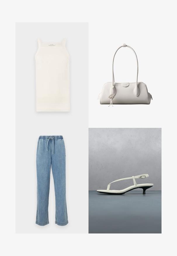 Débardeur crème à côtes, avec des bretelles fines, une coupe ajustée et un ourlet droit. L'étiquette indique "IVY OAK". Le tissu semble doux et extensible.; Pantalon en denim bleu clair avec une taille élastique, un cordon de serrage et des ourlets retroussés. Design à jambes droites avec une coupe décontractée.; Sandale blanche à talon kitten avec des lanières et un bout pointu, flottant au-dessus d'un sol en carrelage en bois en plein air avec un arrière-plan flou de plante et de mur.; Sac à bandoulière blanc Calvin Klein avec longues poignées, forme rectangulaire, fermeture éclair et charm logo décoratif suspendu près de la poignée.