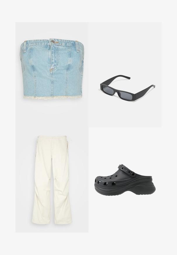 The Ragged Priest JESSICA CORSET - Débardeur - blue; BDG Urban Outfitters BAGGY - Pantalon classique - cream; Sabot noir avec des trous de ventilation sur les côtés, composé d'un matériau plastique léger. Il dispose d'une sangle à l'arrière et d'une semelle texturée.; Lunettes de soleil noires rectangulaires avec des verres foncés et des montures en mat épais. Les branches sont légèrement effilées avec une texture lisse.