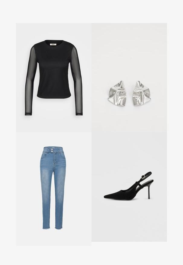 Sort langærmet top med en fast krop og gennemsigtige meshærmer. Har en rund halsudskæring og tætsiddende silhuet. Stoffet ser glat og strækbart ud.; Højtaljede blå denimjeans med knaplukning, forlommer og let frynset kant. Glat tekstur og tætsiddende ben design.; Sort ruskind slingback-hæl med spids tå, slank stiletthæl, justerbar ankelrem og glat indvendig foring.; Sølvmetal øreringe med et bølgende, skulpturelt design, der har en poleret overflade og uregelmæssige former, hvilket fremhæver en moderne æstetik.