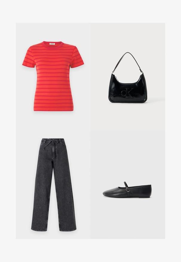 T-shirt rouge à côtes avec des rayures horizontales de rouge plus foncé, col rond et manches courtes, avec un design ajusté.; Jean en denim noir taille haute et jambes larges avec une fermeture à cordon. Présente une texture délavée et des détails de couture subtils.; Ballerines noires en cuir avec un bout pointu, une semelle plate et une petite sangle avec un détail de boucle en argent.; Sac à main en cuir verni noir avec une anse incurvée, fermeture éclair et logo "cK" embossé sur le devant. Texture lisse, forme structurée.