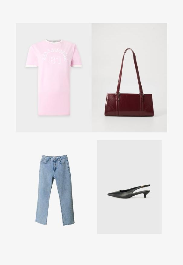 Hellrosa kurzärmeliges T-Shirt mit weißer Einfassung an Ärmeln und Kragen, mit weißem Text "Bellissima" und Nummer "81" auf der Brust.; Helle blaue Denim-Jeans mit geradem Bein, fünf Taschen und einem Etikett am Bund. Sie weisen ausgebleichte Bereiche für eine Struktur auf.; Schwarzer Slingback-Schuh mit spitzem Zehenbereich aus glattem Leder. Mit einem dünnen Absatz und einer dekorativen Schnalle am verstellbaren Riemen.; Burgunderfarbene Handtasche aus glänzendem Material, rechteckige Form, mit zwei Schulterriemen und subtilen, geschwungenen Akzenten an der Vorderseite.