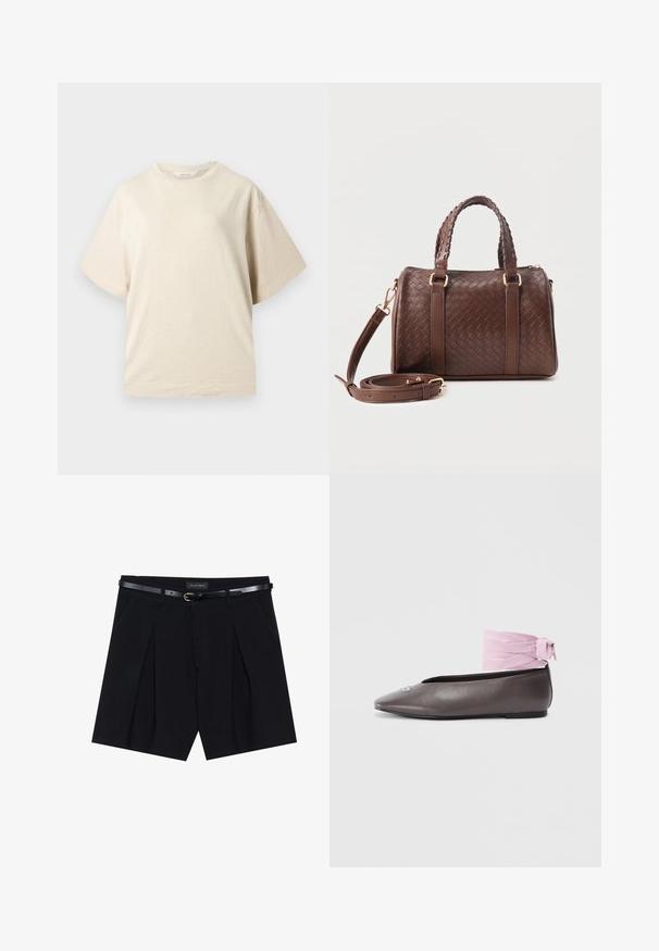 Camiseta beige de manga corta y cuello caja con un corte holgado y diseño sencillo, mostrada sobre un fondo neutro.; Shorts negros a medida con pliegues, que cuentan con un cinturón negro delgado con hebilla dorada. Elaborados en un tejido suave, ofrecen un aspecto pulido.; Zapato plano marrón con punta, detalle decorativo plateado y cinta rosa para el tobillo sobre fondo blanco.; Bolso de mano tejido en cuero marrón oscuro con asas dobles trenzadas, herrajes dorados y correa de hombro desmontable enrollada al frente.