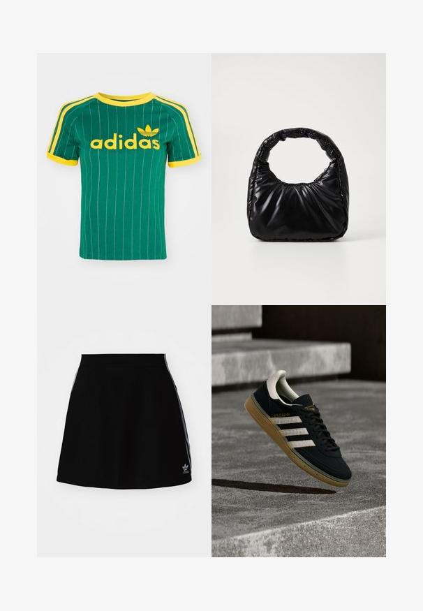 Vihreä puuvillapaita, jossa on pystysuorat valkoiset raidat, keltaisia yksityiskohtia ja "adidas"-logo keltaisella fontilla. Lyhyt hiha ja pyöreä pääntie.; Mustat urheiluhameet, joissa on levenevä muotoilu, valkoiset sivut ja kirjailtu logo helmassa. Valmistettu sileästä, joustavasta materiaalista.; Musta nupukkinsamettinen lenkkari, jossa valkoiset raidat ja kultainen logo, teksturoidulla kuminauhalla varustettu pohja ja kontrastivärinen kermanvärinen kantapää.; Musta pehmeä laukku pyöreällä kahvalla, jossa on sileä, kiiltävä pinta ja pehmeä, vuorattu rakenne. Ei näkyvää metalliosaa tai koristeita.