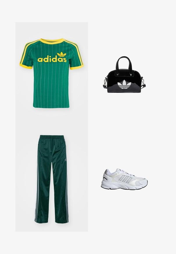 Camiseta de algodón verde con rayas blancas verticales, detalles amarillos y el logo de "adidas" en fuente amarilla. Diseño de manga corta y cuello redondo.; Pantalones deportivos de color verde oscuro, hechos de un material brillante, con franjas laterales en gris claro y un logotipo bordado en la pierna izquierda.; Zapato deportivo blanco con malla transpirable y materiales sintéticos, tres franjas plateadas, suela de caucho texturizada y cuello acolchado.; Bolso de mano de charol negro con forma redondeada, dos asas en la parte superior, acentos plateados y un prominente logotipo blanco en la parte delantera.