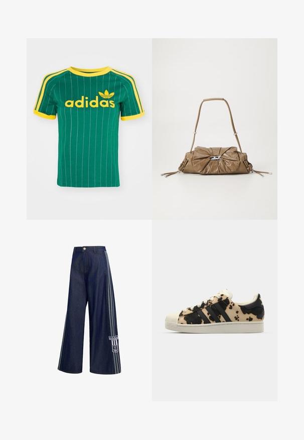 Roheline puuvillane T-särk vertikaalsete valgete triipudega, kollaste detailidega ja „adidas“ logo kollases kirjas. Lühikesed varrukad ja ümmargune kaelus.; Tumesinised laiade säärtega teksapüksid hallide küljeribadega, nööpidega kinnitatavad, esitaskutega ja Adidas logo plastri vasakul säärel.; Beige ja musta lehmavillakujutusega tennisekingad, millel on kolm musta triipu, valge kummist varvaste kaitse ja tekstureeritud tallad. Omab paelu ja brändimist.; Pruun nahast käekott, millel on voltimisega esipind, hõbedased detailid ja üks rihm. Sile tekstuur ja ristkülikuline kuju.