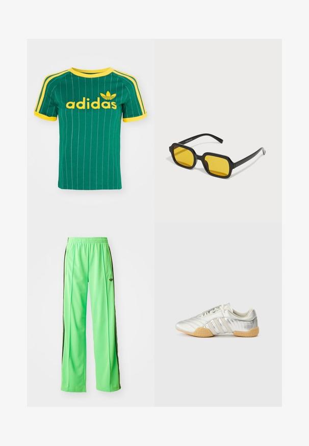 Roheline puuvillane T-särk vertikaalsete valgete triipudega, kollaste detailidega ja „adidas“ logo kollases kirjas. Lühikesed varrukad ja ümmargune kaelus.; Roheline sportlikud püksid, mis on valmistatud siledast, kergest materjalist, mustade külgriipidega ja tikandiga logoga ees.; Hõbedane spordijalats, millel on siledast nahast pealmine osa, kummist tallad ja tekstuuriga detailid. Omadused hõlmavad kõverdatud kujundust ja toonitoonilisi paelu.; Mustad mustad prillid kollaste läätsedega. Omadused hõlmavad paksu raami ja nurgelisi vorme, millel on sile ja läikiv viimistlus.