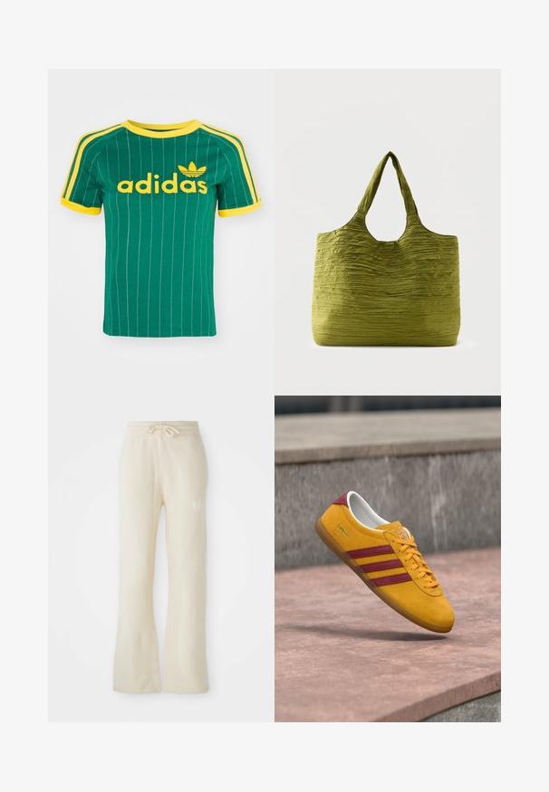 Grøn bomulds T-shirt med lodrette hvide striber, gule accenter og "adidas" logo i gul skrift. Kortærmet og rund hals design.; Cremefarvede sweatpants med en blød tekstur, featuring en snoretræk i taljen og flair ben. Diskret logo detalje på venstre hofte.; Gul ruskindssneaker med røde striber, flad sål og polstret krave; har snørelukning og mærketag.; Grøn mulepose med tekstureret, krøllet stof og brede håndtag, vist mod en ensfarvet lys baggrund.
