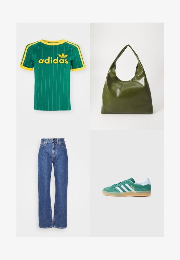 Zelené bavlnené tričko s vertikálnymi bielymi pruhmi, žltými akcentmi a logom "adidas" v žltom písme. Krátke rukávy a okrúhly výstrih.; Modré riflové nohavice so širokým strihom, vysokým pásom, kontrastným šitím a klasickým dizajnom s piatimi vreckami. Textúrovaná tkanina s hladkým povrchom.; Zelená semišová teniska s bielymi pruhmi a zlatým označením "Gazelle". Má svetlomodrú pätu a podrážku z gumovej gumy. Nízky profil dizajnu.; Zelená kožená hobo taška so uvoľneným dizajnom, zakriveným držadlom a hladkým povrchom. Neobsahuje žiadne viditeľné kovania ani akcenty.