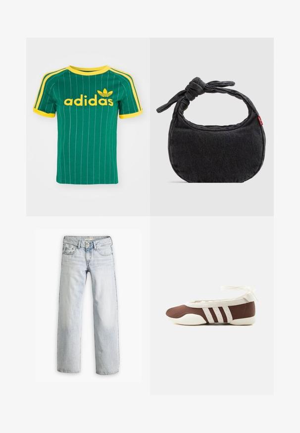 Zelené bavlněné tričko s vertikálními bílými pruhy, žlutými akcenty a logem "adidas" v žlutém písmu. Krátké rukávy a kulatý výstřih.; Světle modré džíny s volným střihem, vysokým pasem a designem s pěti kapsami. Obsahují akcenty šití a zapínání na knoflík.; Hnědá a bílá baletní balerína s třemi bílými pruhy a mašlí na zavázání kolem kotníku na jednoduchém světlém pozadí.; Malá černá ramenní taška z denimu s uzlovaným popruhem a zapínáním na zip, s červenou látkovou visačkou Levi's na boku.