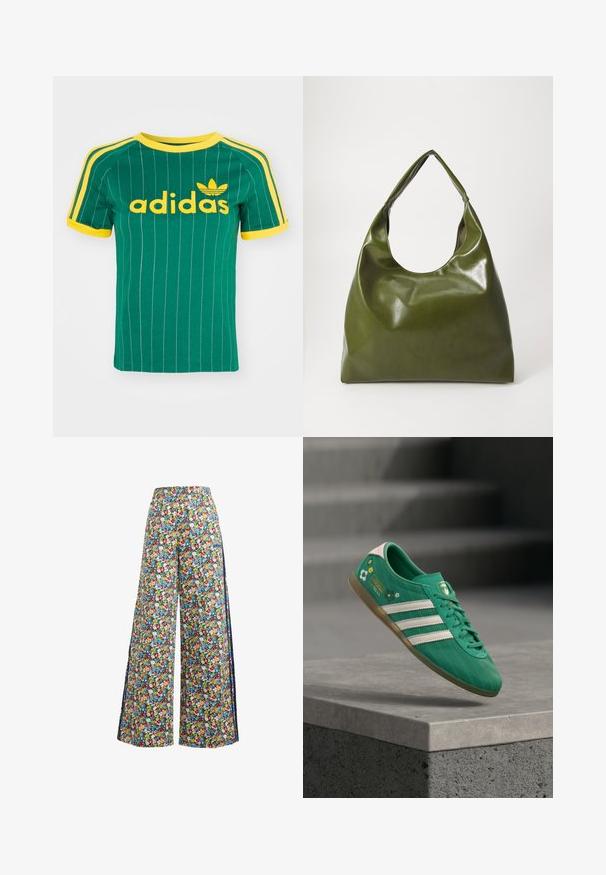Grøn bomulds T-shirt med lodrette hvide striber, gule accenter og "adidas" logo i gul skrift. Kortærmet og rund hals design.; Breddebenede blomsterbukser med en blå baggrund, der har et farverigt mønster af røde, gule og blå blomster samt en elastisk talje.; Grøn sneaker med hvide tre striber, blomsterdetaljer, struktureret overdel og en pink hælflap. Gummiydersål for greb.; Grøn læder hobo taske med en slouchy design, buet håndtag og glat tekstur. Indeholder ingen synlig hardware eller accenter.