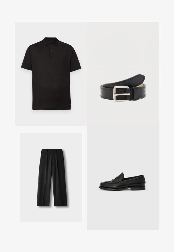 Polo noir à manches courtes avec patte à deux boutons et col classique, affiché sur un fond gris clair uni.; Pantalon large noir taille haute avec plis à l'avant, poches latérales, passants pour ceinture et fermeture par bouton sur fond gris clair.; Mocassin en cuir noir avec un détail tissé à l'avant, bout arrondi et petit talon. Texture lisse et design minimaliste.; Ceinture en cuir noir avec boucle rectangulaire argentée, enroulée avec des coutures visibles le long des bords sur un fond blanc uni.