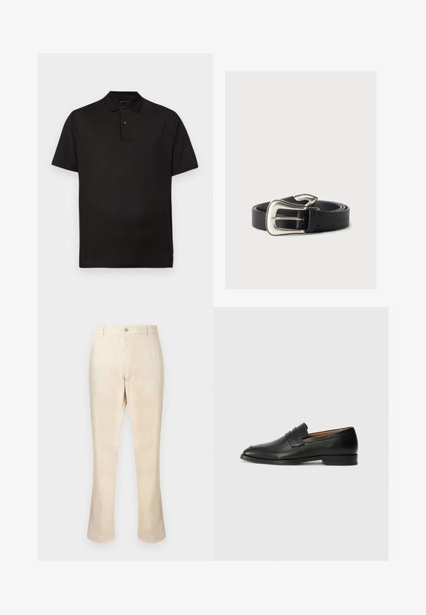 Polo noir à manches courtes avec patte à deux boutons et col classique, affiché sur un fond gris clair uni.; Pantalon beige en tissu lisse, présentant une coupe droite, une fermeture à boutons sur le devant, sans motifs ni accents visibles.; Mocassin en cuir noir avec un bout arrondi, des coutures subtiles et un talon bas, présentant une texture lisse et un design minimaliste.; Ceinture en cuir noir avec une grande boucle argentée de style western, enroulée sur un fond neutre.