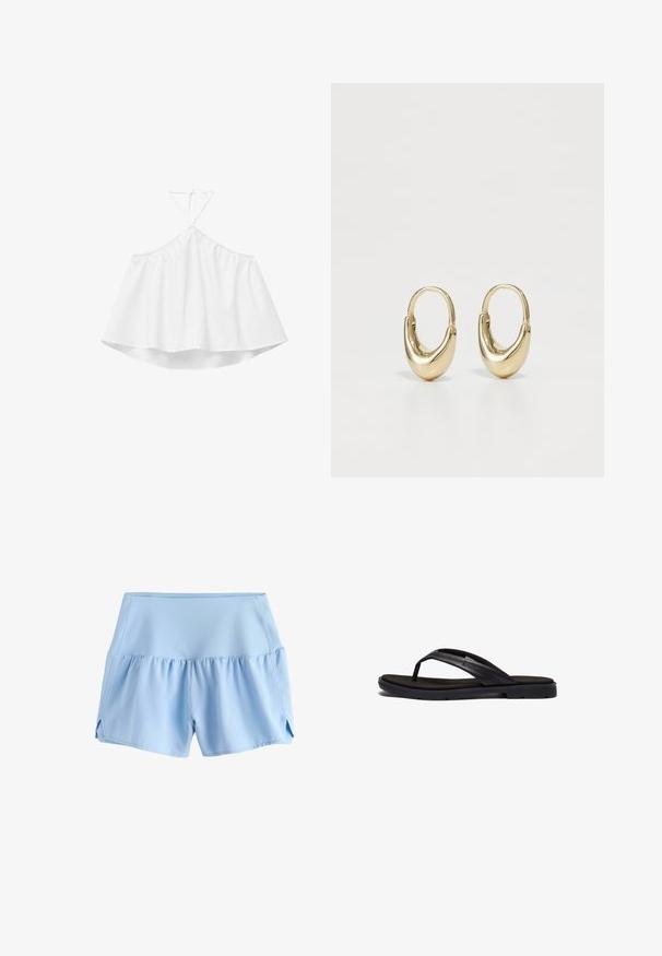 Witte asymmetrische haltertop met een losse pasvorm en dunne bandjes die aan de hals worden gestrikt, weergegeven op een effen witte achtergrond.; Lichtblauwe sportshorts met een hoge tailleband, geplooide stof eronder en kleine zijopeningen aan beide benen.; Zwarte flip-flops met een zacht rubberen zool en elegante synthetische banden. Het ontwerp bevat minimale hardware en heeft een laag profiel.; Gouden hoopoorbellen met een gebogen, buisvormige vorm. Glad, glanzend oppervlak met een naadloze scharnierbevestiging. Eenvoudig en elegant ontwerp.
