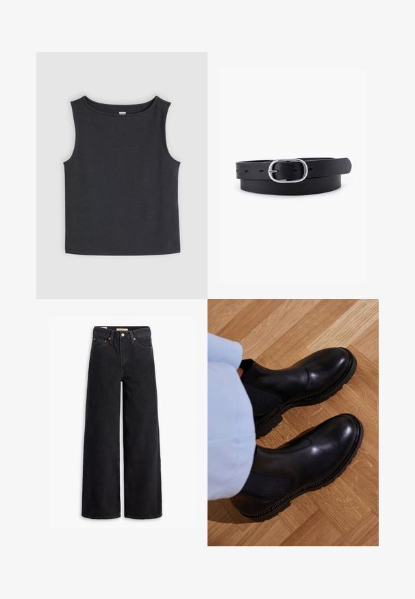 Débardeur noir sans manches, à col rond, court, avec étiquette Levi's à l'intérieur du col, sur fond gris clair.; Jean noir à jambe large en denim, comportant cinq poches, des rivets en laiton et une fermeture à bouton classique. Texture lisse avec un design épuré.; Bottines noires en cuir lisse avec des panneaux latéraux élastiques, une semelle en caoutchouc texturé et des coutures contrastantes le long du bord.; Ceinture en cuir noir au toucher lisse, boucle en métal argenté de forme ovale et plusieurs trous d'ajustement le long de la sangle. Design plat et minimal.