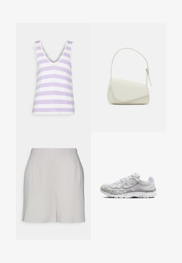 ONLY ONLNEWLIRA V NECK - Top - purple rose/cloud dancer; Vero Moda Tall VMJESMILO - Šortky - offwhite; Svetlo šedé športové topánky s vrchom z ďalekého a syntetického materiálu, so šnurovacím uzáverom, polstrovaným golierom a štruktúrovanou podrážkou pre lepšiu priľnavosť.; Biela kabelka z umelého kože so štruktúrovaným trojuholníkovým tvarom, jedným nastaviteľným popruhom a prekrytím so zakriveným akcentom.