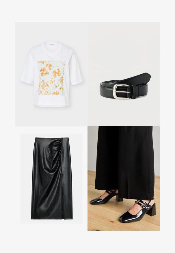 Camiseta blanca de manga corta con una estampado cuadrado en el frente de pequeñas flores naranjas sobre un fondo azul claro.; Falda de cuero negro con una textura suave, con una sección fruncida en un lado y una abertura lateral para añadir detalle.; Zapatos de charol negro tipo slingback con puntera cuadrada, que cuentan con dobles correas ajustables en el tobillo y tacones en bloque. Acabado suave y brillante.; Cinturón de cuero negro con hebilla rectangular plateada, enrollado y descansando sobre una superficie blanca.