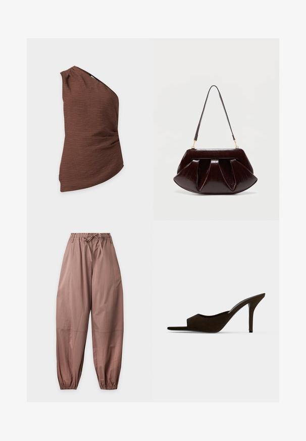 Haut asymétrique marron à une épaule avec une texture subtile et de légers fronces sur un côté, présenté sur un fond clair uni.; Pantalon marron ample avec taille élastique et bas de jambes resserrés, avec un cordon à la taille.; Mule en daim noir à bout ouvert, talon haut et fin, design slip-on, vue de profil sur un fond uni.; Sac à main en cuir marron foncé avec plis froncés, ferrures dorées et une seule bandoulière, sur un fond clair uni.