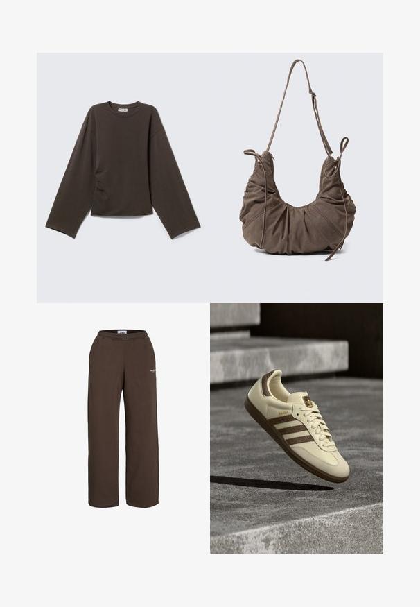 Dunkelbraunes Langarmshirt mit Rundhalsausschnitt, lockerem Sitz und leichten Falten an einer Seite, auf schlichtem hellem Hintergrund dargestellt.; Braune Sweatpants mit weitem Bein, elastischem Bund und kleinem weißem Textlogo am oberen Oberschenkel vor weißem Hintergrund.; Sneaker in Cremefarbe mit braunen Akzenten, strukturierten seitlichen Streifen und glattem Lederfinish. Verfügt über ein Schnürdesign und eine Gummisohle.; Braune Wildleder-Schultertasche mit gerafften Details, verstellbarem Träger und dekorativen seitlichen Bändern, vor neutralem Hintergrund dargestellt.