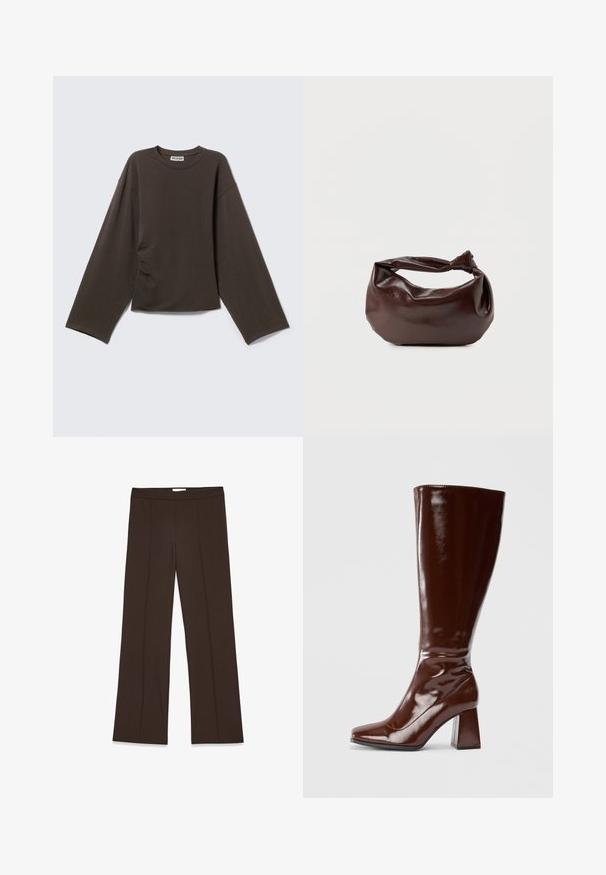 Camiseta marrón oscuro de manga larga con cuello redondo, ajuste holgado y ligeras arrugas en un lado, mostrada sobre un fondo claro y sencillo.; Pantalones marrones de pierna ancha confeccionados en una tela suave; presentan pliegues frontales y una cinturilla estándar. Diseño minimalista sin cierre visible.; Botas de charol marrones hasta la rodilla con punta cuadrada, acabado brillante y un tacón ancho para mayor estabilidad. Diseño sin costuras sin herrajes visibles.; Bolso de hombro de cuero marrón oscuro con una forma suave y caída, y un asa con nudo torcido sobre un fondo blanco liso.