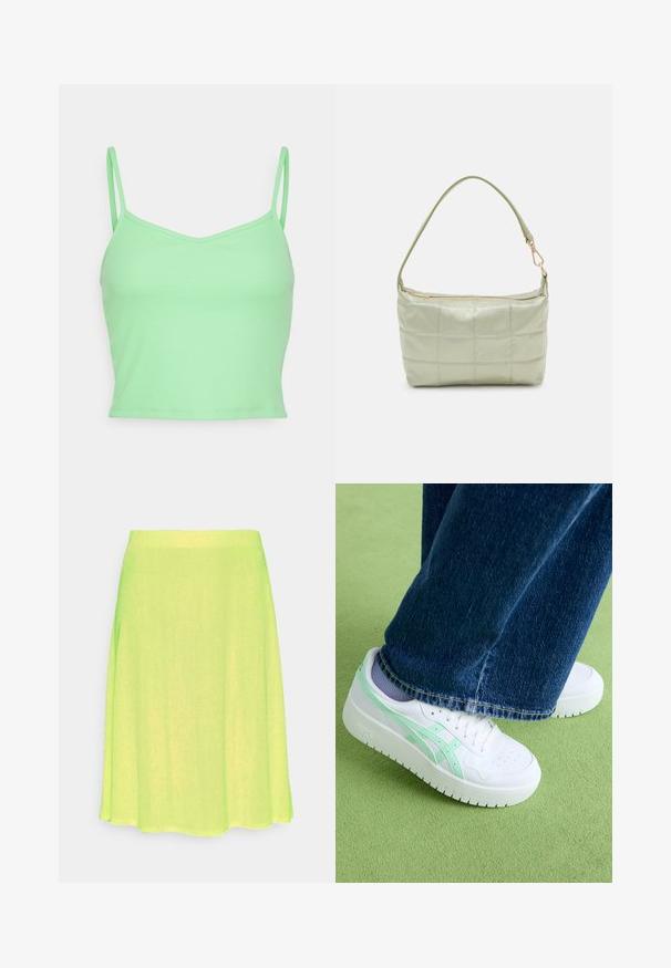 ONLY ONLSOPHIA - Μπλούζα - summer green; Monki Φούστα σε γραμμή Α - yellow; Λευκά αθλητικά παπούτσια με μιντ πράσινες λεπτομέρειες, λείο δερμάτινο πάνω μέρος, τρυπητή μύτη, χοντρή σόλα, φορεμένα με μπλε τζιν παντελόνι, σε πράσινη επιφάνεια.; Πληρωμένη πράσινη τσάντα ώμου με μαλακή υφή, ορθογώνιο σχήμα, μονή ιμάντα και χρυσή φερμουάρ κλείσιμο. Διαθέτει ραμμένο σχέδιο.