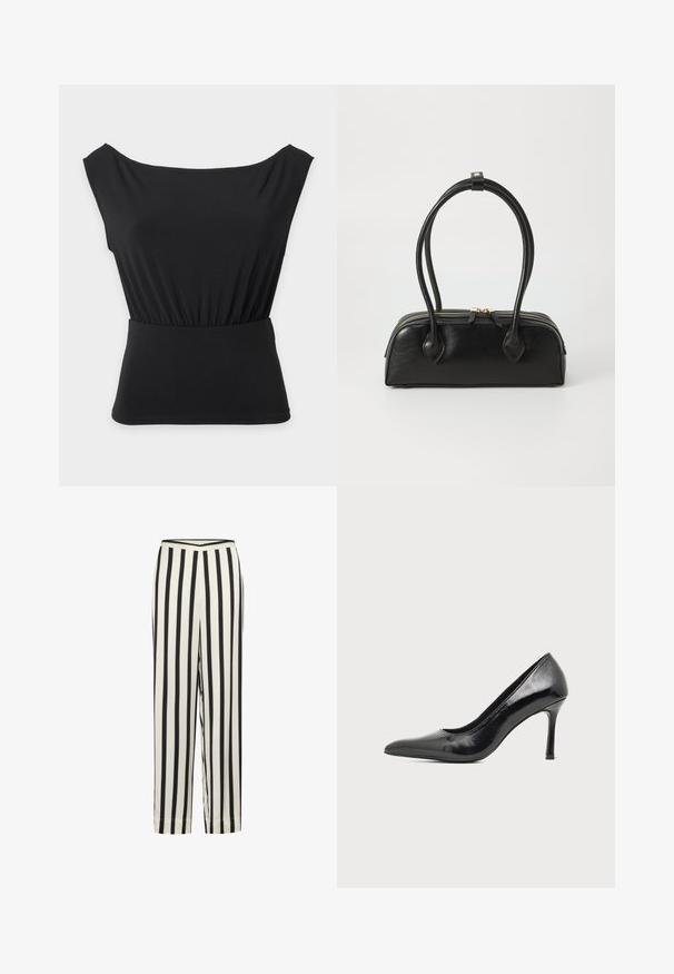 Top negro sin mangas con escote barco y cintura elástica recogida, ajustado en la parte inferior con una textura de tela lisa.; Pantalones de rayas en blanco y negro con un diseño de pierna recta y una cinturilla elástica. Elaborados en una tela ligera con una textura suave.; Zapato de tacón alto de mujer en piel negra patentada, con punta puntiaguda y tacón delgado, sobre un fondo claro y liso.; Bolso de mano de cuero negro con dos asas alargadas, cierre de cremallera y forma redondeada; textura suave con un acabado ligeramente brillante.