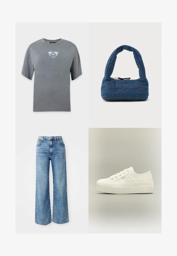 Graues T-Shirt mit kurzen Ärmeln und einer kleinen hellblauen Grafik von zwei Delfinen, die in der Mitte der Brust eine Herzform bilden.; Hellblaue Denim-Jeans mit weit geschnittenem Bein und hoher Taille, ausgestattet mit fünf Taschen, einer Knopfverschluss und kontrastierender Naht entlang der Nähte.; Weißer Low-Top-Plateau-Sneaker mit Blumenmuster, Schnürverschluss, Gummisohle und einem kleinen "ONLY"-Logoanhänger an der Seite.; Blaues Denim-Handtasche mit einem gepolsterten, gebogenen Griff. Verfügt über ein dezentes braunes Logo-Muster und einen schwarzen Kordelzugverschluss.