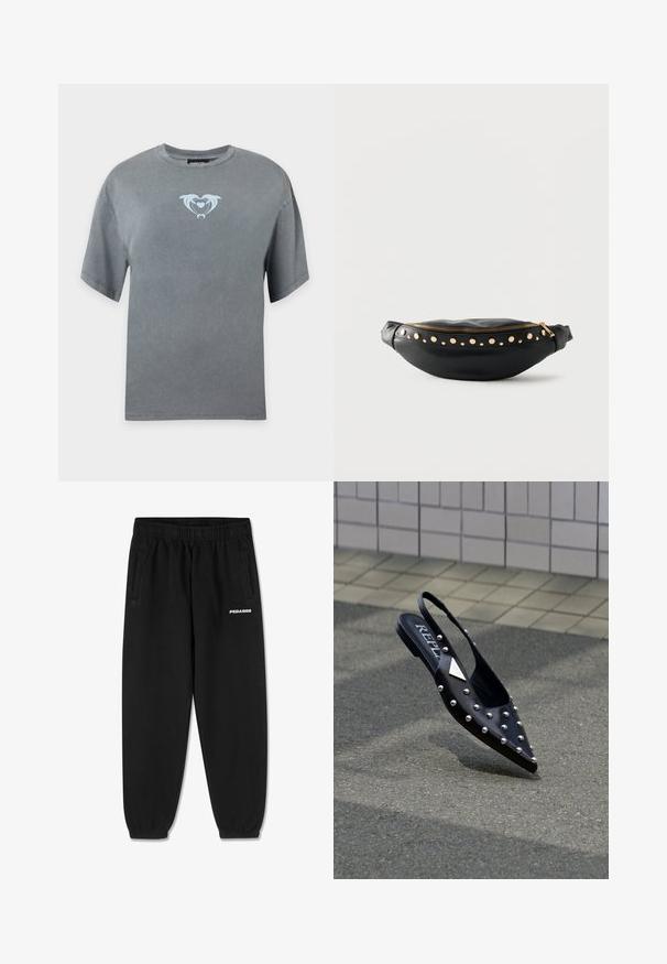 T-shirt gris à manches courtes avec un petit motif bleu clair représentant deux dauphins formant un cœur au centre de la poitrine.; Pantalons de survêtement noirs en tissu doux, avec une taille à cordon de serrage, des jambes fuselées et des poches latérales. Logo "PEGADOR" en blanc sur le devant.; Chaussure slingback noire pointue en matériau lisse, ornée de clous argentés, avec une semelle plate et un logo sur la semelle intérieure.; Banane en cuir noir avec une fermeture éclair dorée et des clous ronds dorés sur le devant, présentée sur un fond blanc uni.
