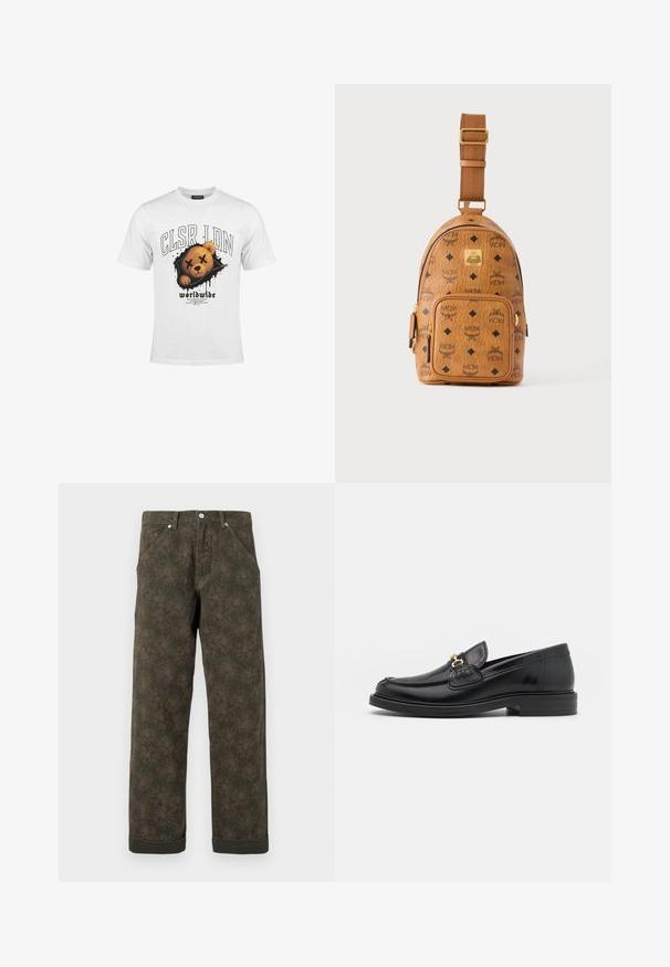 Hvid T-shirt med grafik af en bamseansigt med krydsede øjne og tekst med "CLSR LDN" og "worldwide" nedenunder.; Mørkegrønne bukser med subtil blomsterprint, frontknap, lommer og opsmøgede kanter.; Sorte læder loafers med en rund tå, der har guld hardware accent og syningsdetaljer, placeret på en lav, tekstureret gummisål.; Lille tan farvet læder crossbody taske med justerbar rem, front lynlåslomme og gentagende sort MCM-logo mønster.