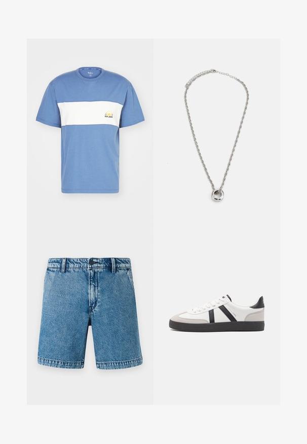 Blaues Baumwoll-T-Shirt mit einem weißen horizontalen Streifen, einem runden Ausschnitt und einem Sonnenmotiv mit dem Text "PEPE JEANS" auf der linken Brust.; Denim-Shorts in Hellblau mit lässiger Passform. Verfügt über das standardmäßige Fünf-Taschen-Design, einen Knopfverschluss und gesäumte Kanten mit subtiler Ausbleichung.; Weiße Sneaker mit schwarz- und grau-aczenten, ausgestattet mit einer strukturierten grauen Zehenkappe, schwarzer Gummi-Sohle und flachen weißen Schnürsenkeln. Sauberes Design, minimalistische Stil.; Silberfarbene Metallkette mit einem gedrehten Kettendesign und einem runden Anhänger mit polierter Oberfläche.