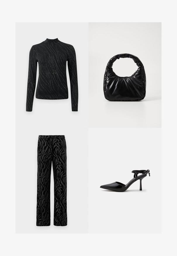 Schwarzes Langarmoberteil mit hohem Ausschnitt, das ein welliges Muster aus silbernen Funkeln auf einem strukturierten Stoff zeigt. Figurbetontes Design.; Schwarze Hose mit einem strukturierten, wirbelnden Muster. Aus weichem Material mit geradem Schnitt und elastischem Bund für besonderen Komfort.; Schwarzer Lackleder-Pumps mit spitzer Zehenpartie und Knöchelriemen, hinten zu einem Knoten gebunden, gezeigt auf weißem Hintergrund.; Schwarze gepolsterte Handtasche mit einem runden Griff, die eine glatte, glänzende Oberfläche und eine weiche, gestepfte Textur aufweist. Keine sichtbare Hardware oder Akzente.