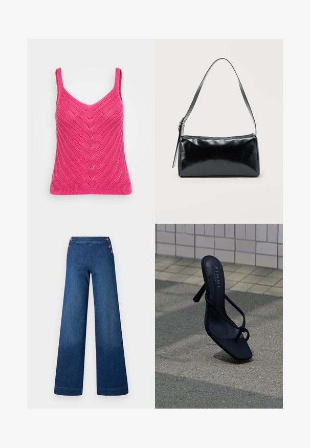 Top en tricot fuchsia avec décolleté en V et motif en chevrons, doté de fines bretelles et d'une finition texturée.; Pantalon en denim bleu foncé à jambes larges. Il présente un devant plat avec cinq boutons dorés pour la fermeture. Texture lisse avec une finition classique.; Sandale à talon haut noire avec fines lanières et bout carré, de la marque "SIMMI London", posée sur un trottoir extérieur près d'un mur carrelé.; Sac d'épaule rectangulaire noir avec une sangle réglable unique et une fermeture éclair supérieure sur un fond uni.