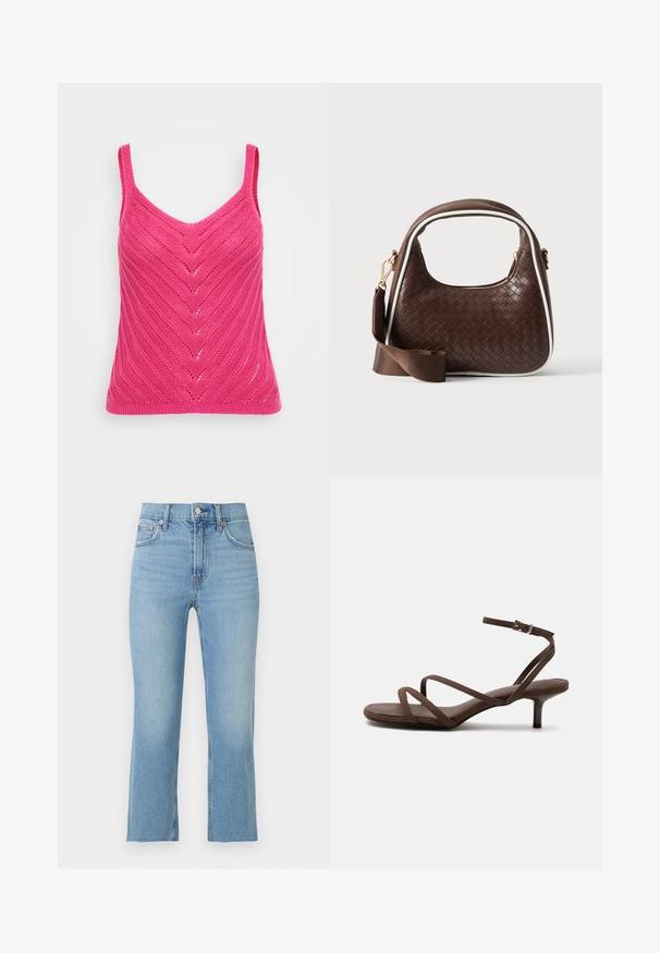 Top en tricot fuchsia avec décolleté en V et motif en chevrons, doté de fines bretelles et d'une finition texturée.; Jean en denim bleu clair avec coupe droite, fermeture par boutons à l'avant, passants de ceinture et cinq poches sur un fond blanc uni.; Sandale marron à talons hauts avec fines lanières croisées et bride de cheville avec boucle argentée sur fond blanc.; Sac à main en cuir tressé marron avec passepoil blanc, fermeture éclair dorée et bandoulière amovible en tissu marron.