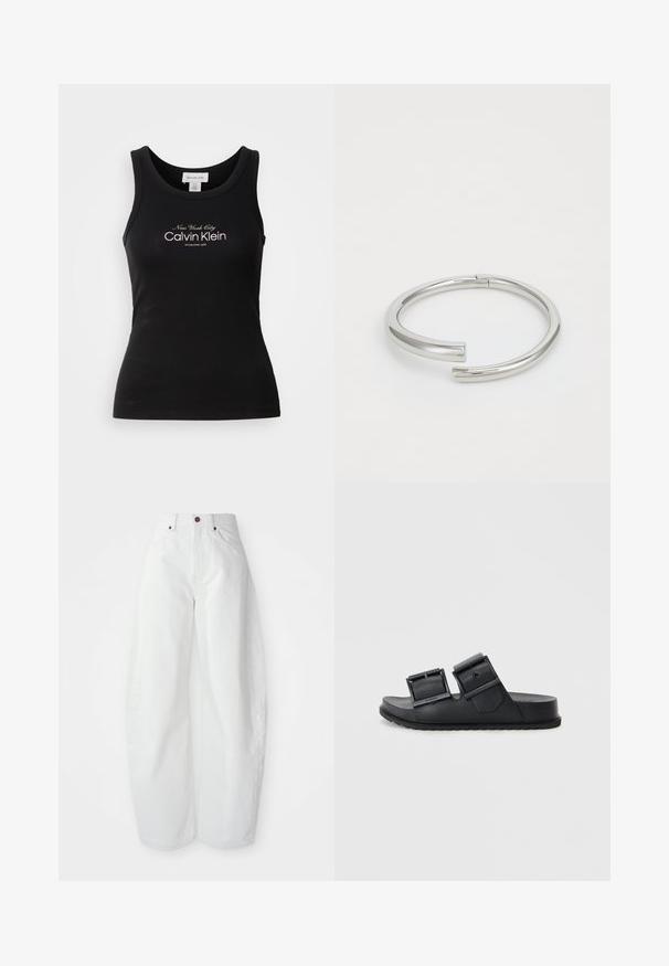 Zwarte geribbelde mouwloze tanktop met "New York City Calvin Klein Established 1968" in het wit gedrukt op de borst.; Hoge taille witte spijkerbroek met een losse pasvorm. Voorzien van een knoopsluiting, zijzakken en een minimalistisch ontwerp. Glad textuur.; Zwarte schuursandalen van textuur materiaal met twee verstelbare banden met gespen. Vlakke zool met een gemusterde loop voor grip.; Calvin Klein SPIRAL - Armband - silver-coloured