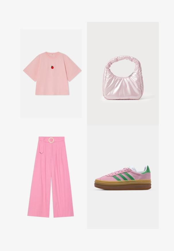 Chemise rose à manches courtes avec un col rond et un petit motif de fraise rouge centré sur la poitrine.; Pantalons larges rose à taille haute, dotés d'une ceinture avec une boucle en bois circulaire et de plis pour la texture.; Baskets en daim rose avec des rayures vertes, des accents blancs et une semelle en caoutchouc brun. Comportent un tissu texturé et un détail de logo sur le côté.; Sac à main rose rembourré avec un design arrondi, fabriqué à partir d'un matériau brillant. Dispose d'une poignée froncée et d'une fermeture éclair pour un accès sécurisé.