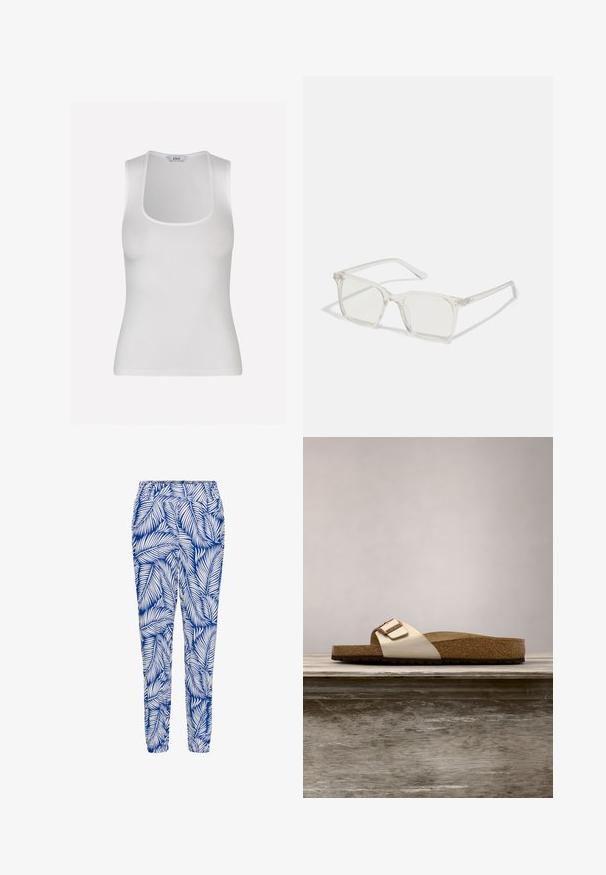 Envii MARTA TEE - Top - white; Blå og hvide mønstrede bukser med et bladdesign, elastisk talje og smalle cuffs, lavet af letvægts, åndbart stof.; Sandal med slide-design, der har en let metallisk overdel, korkfodbed og tekstureret brun gummisål. Spænde detalje med logoaccent.; Klare plastiske briller med firkantet ramme og gennemsigtige linser, der har guld accenter på tempelstængerne for ekstra detaljer.