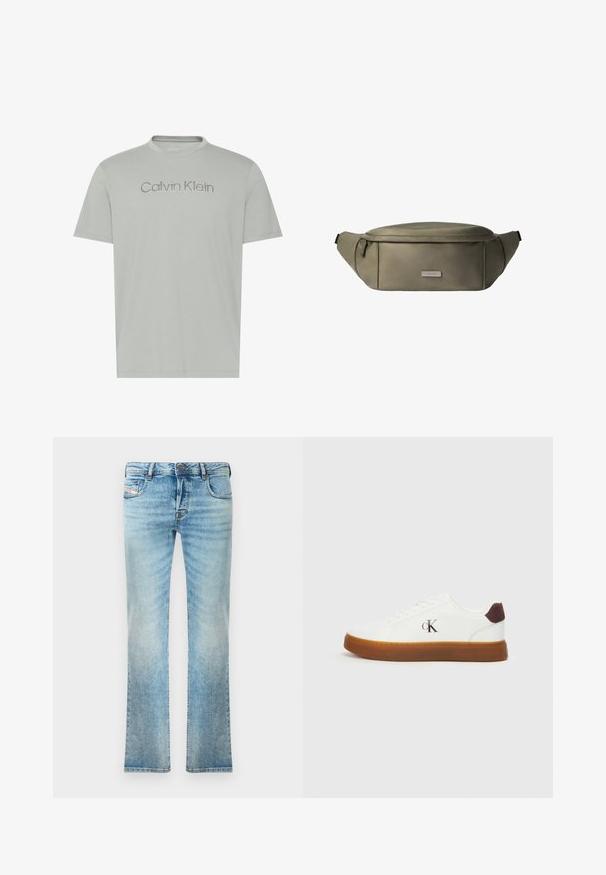 Hellgraues T-Shirt mit kurzen Ärmeln und rundem Hals, mit dem "Calvin Klein"-Logo in passendem grauen Garn quer über der Brust bestickt.; Helleblaue Denim-Jeans mit geradem Schnitt, Fünf-Taschen-Design und leichter Ausbleichung. Mit metallischem Knopf und Reißverschlussverschluss.; Weiße Sneaker mit einer Gummisohle, flachen Schnürsenkeln und einem braunen Wildleder-Heel-Akzent. Mit einem dezenten, geprägten "cK"-Logo an der Seite.; Olivgrüne Leder-Gürteltasche mit Frontreißverschlusstasche und kleiner, rechteckiger Metallplakette mit Calvin Klein Logo.
