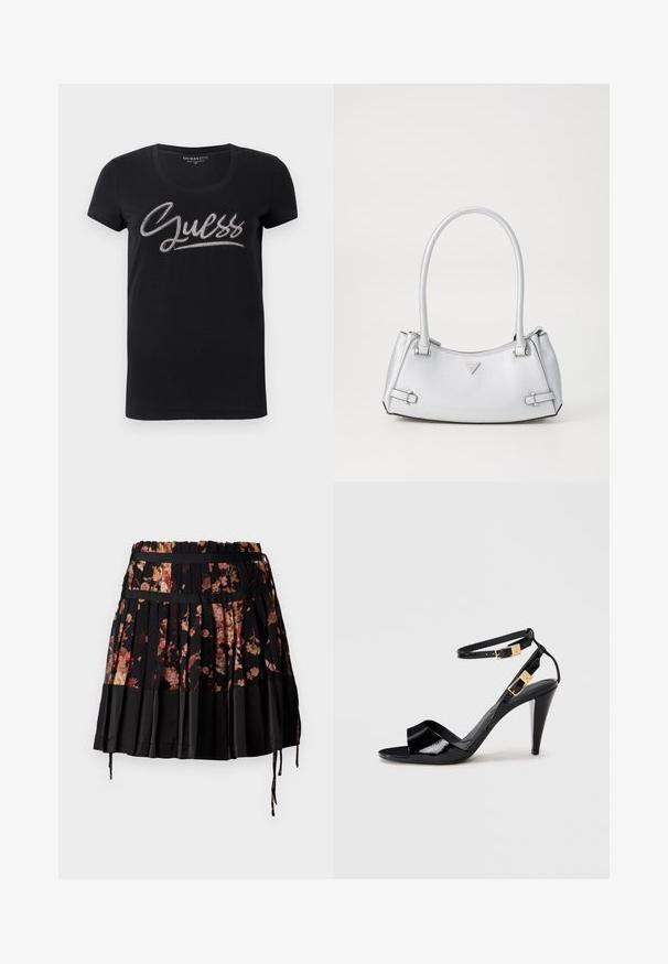 Zwarte dames t-shirt met korte mouwen, ronde hals en het "Guess" logo versierd met kleine zilverkleurige studs op de borst.; Zwarte geplooide rok met een bloemenpatroon in tinten van roze en oranje, voorzien van een brede tailleband en verstelbare koordjes aan de zoom.; Zwart lakleren hoge hak sandaal met dubbele enkelbandjes en gouden gespen, open teen en slanke, taps toelopende hak op een neutrale achtergrond.; Zilveren handtas met een gestructureerd ontwerp, voorzien van twee handvatten, een glanzende textuur, opvallende hardware en een driehoekig logo aan de voorkant.
