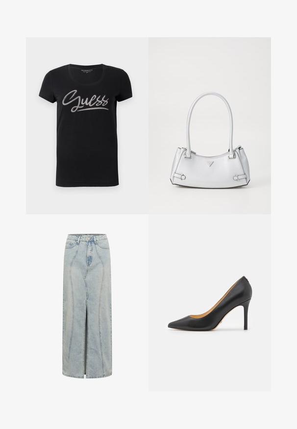 Sort kortærmet t-shirt til kvinder med rund hals og "Guess" logo dekoreret med små sølvfarvede nitter på tværs af brystet.; Lyseblå denimskørt med en lige silhuet, der har en frontslids, bælteløkker og detaljeret syninger langs sømmene.; Sort læder spidse stiletto hæle med høj hæl, der har en glat overflade og minimalistisk design. Indersiden er foret i tan farve.; Sølv håndtaske med et struktureret design, der har to håndtag, en skinnende overflade, accenthardware og et trekantet logo på fronten.