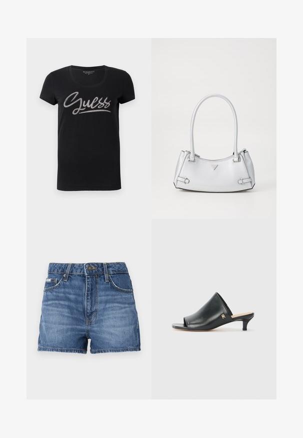 Zwarte dames t-shirt met korte mouwen, ronde hals en het "Guess" logo versierd met kleine zilverkleurige studs op de borst.; Denim shorts in medium blue, met een vijf-pocket ontwerp, riemlussen en een gefranjerde zoom. Standaard knoop- en ritssluiting.; Zwarte leren open teen muiltjes met een lage hak. Heeft een glad oppervlak en een gouden logo accent aan de zijkant.; Zilveren handtas met een gestructureerd ontwerp, voorzien van twee handvatten, een glanzende textuur, opvallende hardware en een driehoekig logo aan de voorkant.