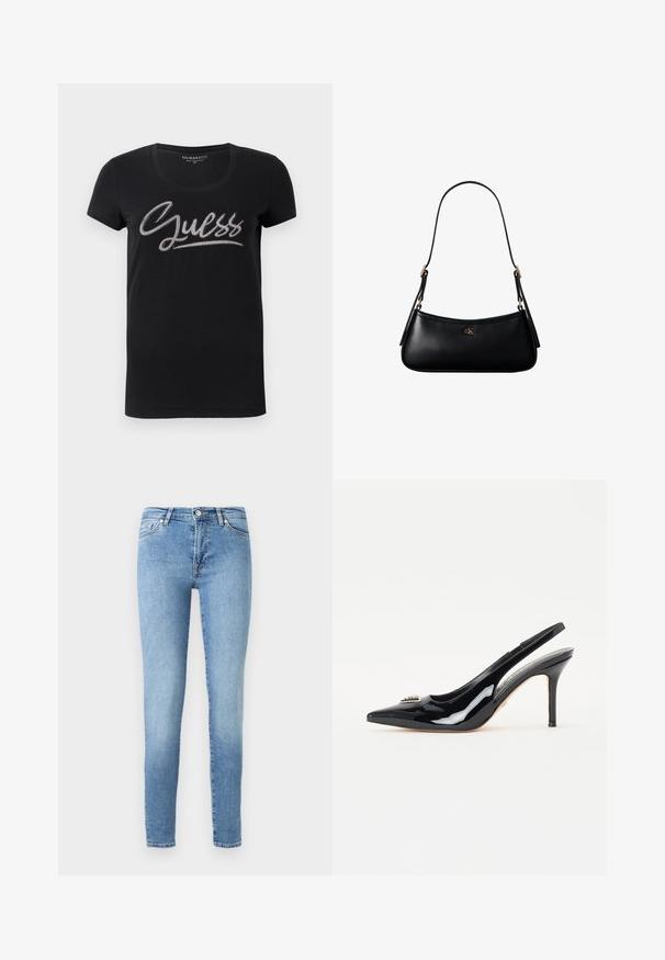 Camiseta de mujer negra de manga corta con cuello redondo y logo de "Guess" adornado con pequeñas tachuelas plateadas en el pecho.; Vaqueros ajustados de color azul claro, hechos de mezclilla, que presentan un clásico diseño de cinco bolsillos, un ligero desvanecimiento y una cinturilla estándar con cremallera.; Zapatos de tacón slingback de charol negro con punta afilada, tacón de stiletto delgado y adornos decorativos en la parte delantera.; Mini bolso negro de cuero para hombro con correa delgada y pequeño logo dorado CK en el centro frontal.