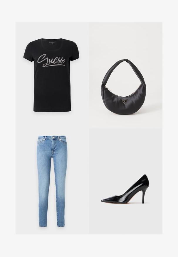 Camiseta de mujer negra de manga corta con cuello redondo y logo de "Guess" adornado con pequeñas tachuelas plateadas en el pecho.; Vaqueros ajustados de color azul claro, hechos de mezclilla, que presentan un clásico diseño de cinco bolsillos, un ligero desvanecimiento y una cinturilla estándar con cremallera.; Zapato de salón de charol negro con tacón alto y punta afilada, con textura suave y tacón de aguja delgado. Sin herrajes visibles.; Bolso de satén negro con forma curva, que cuenta con un cierre de cremallera y un logo triangular en metal en la parte delantera. Textura suave y diseño elegante.