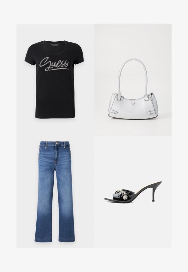 T-shirt noir à manches courtes pour femmes avec col rond et logo "Guess" rehaussé de petits clous en argent sur la poitrine.; Jean denim bleu à jambes larges avec des détails de boutons sur le côté et une taille haute.; Mule à talon haut en cuir verni noir avec bout ouvert et breloques argentées décoratives comprenant une fleur et un cadenas sur la bride avant.; Sac à main argenté avec un design structuré, doté de deux poignées, d'une texture brillante, de quincaillerie accentuée et d'un logo triangulaire sur le devant.