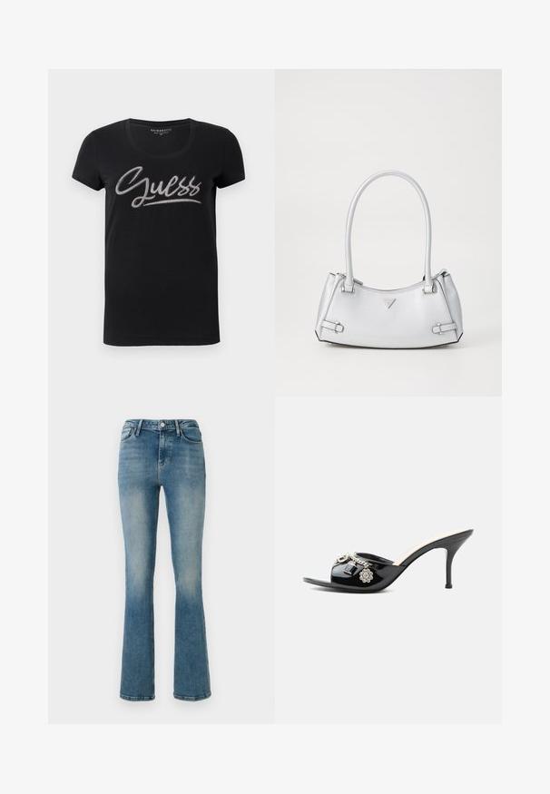 Sort kortærmet t-shirt til kvinder med rund hals og "Guess" logo dekoreret med små sølvfarvede nitter på tværs af brystet.; Lys blå denim flared jeans med fem lommer, høj talje og sy detaljer. Stoffet viser en let falmet vask og en glat tekstur.; Sort laklæder højt hælet mule med åben tå og dekorative sølvcharme inklusive en blomst og hængelås på frontstroppen.; Sølv håndtaske med et struktureret design, der har to håndtag, en skinnende overflade, accenthardware og et trekantet logo på fronten.