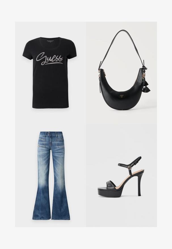 Sort kortærmet t-shirt til kvinder med rund hals og "Guess" logo dekoreret med små sølvfarvede nitter på tværs af brystet.; Udsvingede blå denimjeans med en lys til mørk gradient, to forlommer og lukning med knap. Har minimal syning og en glat overflade.; Sorte platformsandaler med høj stiletthæl, der har en glat læderoverdel, peep toe-design og en justerbar ankelrem med metalbeslag.; Sort skuldertaske i halvmåneform med tekstureret overflade, gylden lynlås, kvast vedhæng og lille trekantet Guess-logo foran i midten.