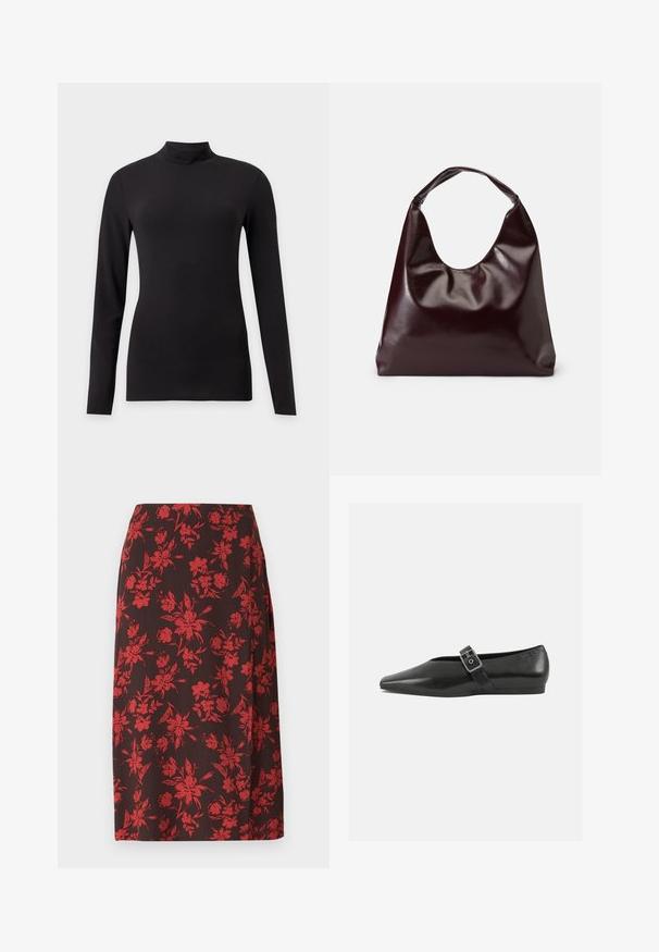Haut noir ajusté à manches longues avec col montant, présenté sur un fond gris clair uni.; Anna Field by Zalando MIDI SPLIT - Jupe crayon - red/brown; Chaussure plate en cuir noir avec un orteil pointu, présentant une sangle à boucle métallique sur le cou-de-pied et une semelle basse et flexible.; Sac en cuir vegan bordeaux, brillant, avec une forme douce et sculpturale et une large poignée incurvée pour un transport facile.