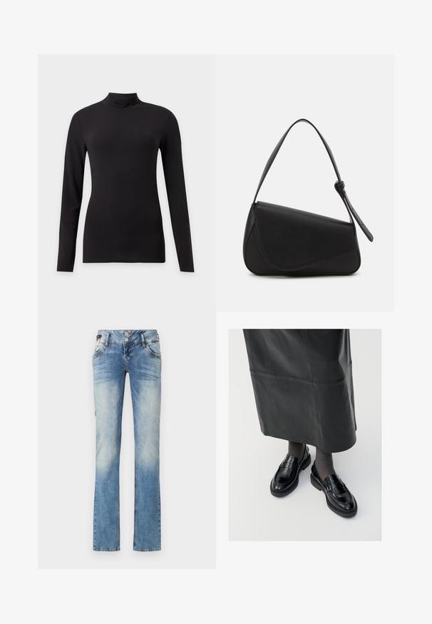 Haut noir ajusté à manches longues avec col montant, présenté sur un fond gris clair uni.; Jeans en denim bleu clair avec une coupe droite, dotés d'une fermeture à cinq boutons, de poches avant et de détails de décoloration subtils.; Mocassins en cuir noir avec une finition lisse, ornés d'une bande décorative, à bout rond et avec une semelle texturée. Portés avec une longue jupe en cuir noir.; Sac à main en cuir noir de forme triangulaire, avec un rabat incliné et une poignée supérieure arrondie. Il présente une texture lisse et des détails de design minimalistes.